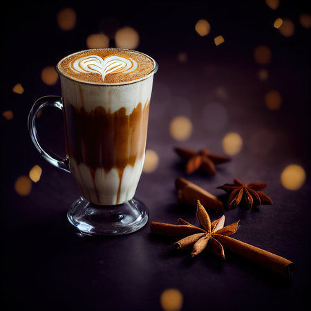 A glass of appetizing spicy latte on a festive blurred background with bokeh light effects. 3D illustration. AI render.の素材