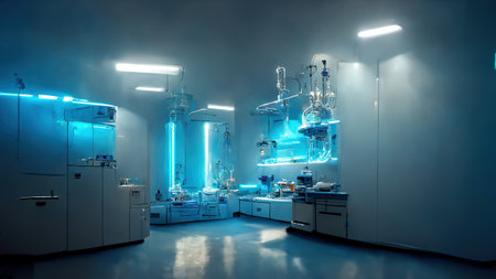 Abstract scientific medical interior blurred background. blue light. medical research concept. AI render.の素材