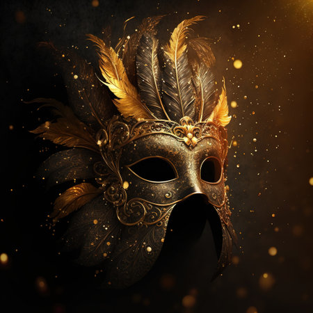 Realistic luxury carnival mask with yellow feathers. Abstract blurred background, gold dust, and light effects. Generative AIの素材