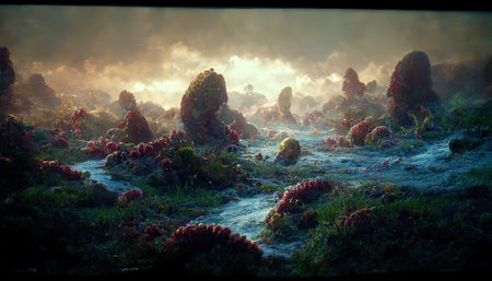 Fantastic alien planet landscape mountains, plants, sky. 3D illustration Futuristic sci-fi. 3d illustration. AI render.の素材