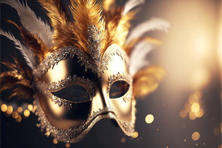 Realistic luxury carnival mask with yellow feathers. Abstract blurred background, gold dust, and light effects. Generative AIの素材