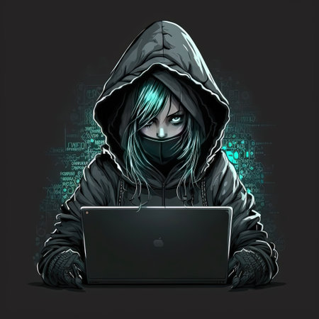 Cute girl hacker with laptop. Avatar in cartoon style. Balck backdrop. Generative AIの素材