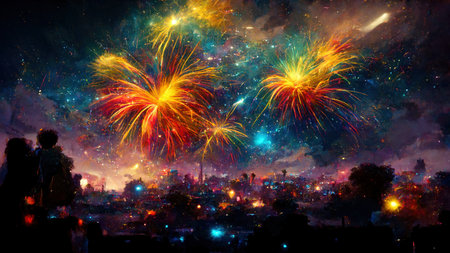 Realistic colorful explosion of fireworks over the night city landscape stylized image generated by artificial intelligence. holiday concept. 3D illustration.の素材
