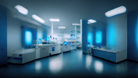 Abstract scientific medical interior blurred background. blue light. medical research concept. AI render.の素材