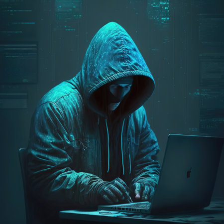 Hacker using internet to hack abstract computer server. Hooded attacker in laptop steals personal data. Blue glow light. Generative AIの素材