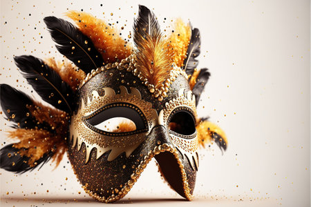 Realistic luxury carnival mask with feathers, gold dust, and light effects. Generative AI.の素材