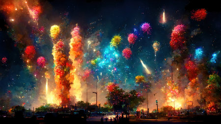 Realistic colorful explosion of fireworks over the night city landscape stylized image generated by artificial intelligence. holiday concept. 3D illustration.の素材