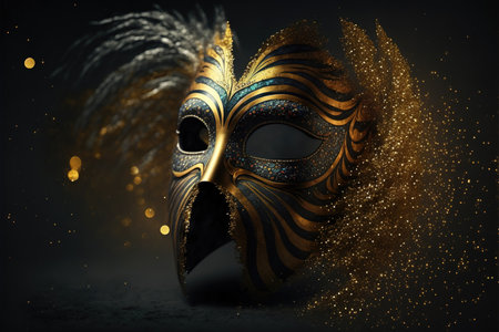 Realistic festive background with ornate masquerade carnival mask, feathers, sequins and confetti. Generative AIの素材