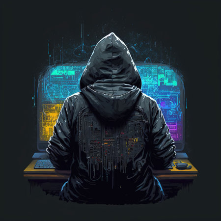 Hooded hacker with laptop at work. Symbol of the darknet and illegal activities on the Internet. Generative AIの素材