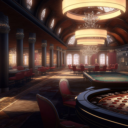 Abstract casino interior Blurred background. Gambling symbol in cartoon style. 3D illustrationの素材