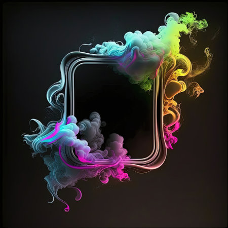 Abstract 3D frame with puffs of colorful smoke and neon light on a black background. AI generated.の素材