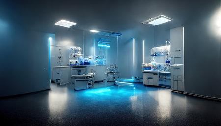 Abstract scientific medical interior blurred background. blue light. medical research concept. AI render.の素材