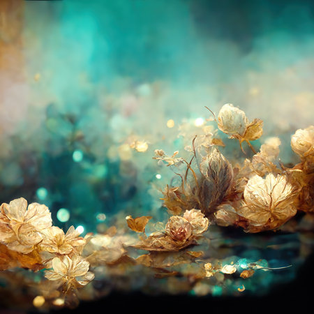 Delicate fabulous turquoise luxury background with magic flowers jewels and light effects. 3D illustration. AI renderの素材