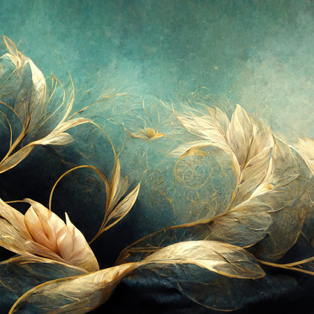 Delicate fabulous turquoise luxury background with magic flowers jewels and light effects. 3D illustration. AI renderの素材