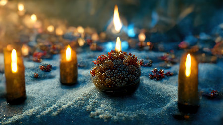 Abstract Christmas decorations from natural materials in mystical atmospheric festive evening interior. new year background. 3D illustration. AI render.の素材
