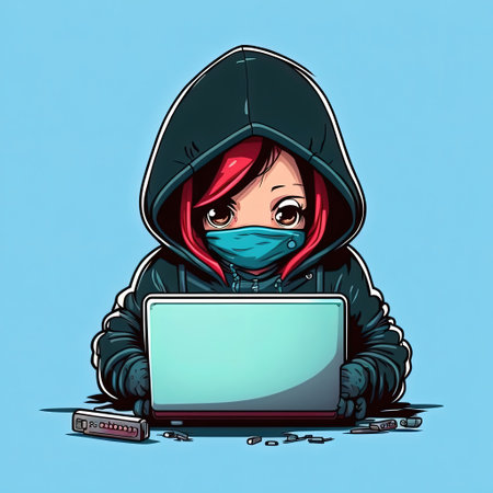 Cute girl hacker with laptop. Avatar in cartoon style. Generative AIの素材