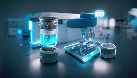 Abstract scientific medical interior blurred background. blue light. medical research concept. AI render.の素材