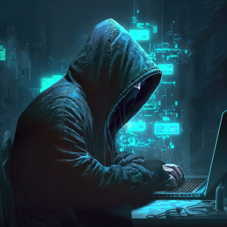 Hacker using internet to hack abstract computer server. Hooded attacker in laptop steals personal data. Blue glow light. Generative AIの素材