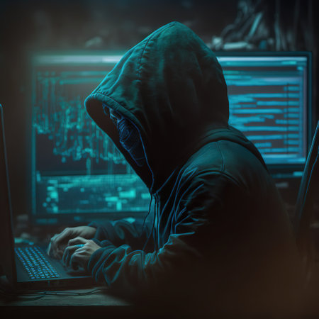 Hacker using internet to hack abstract computer server. Hooded attacker in laptop steals personal data. Blue glow light. Generative AIの素材