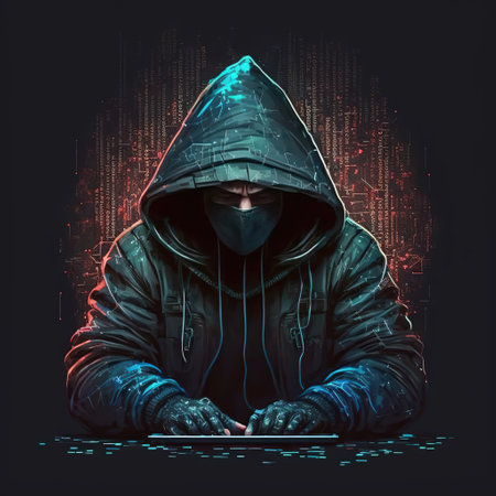 Hooded hacker with laptop at work. Symbol of the darknet and illegal activities on the Internet. Generative AIの素材