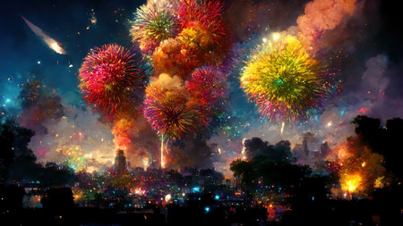 Realistic colorful explosion of fireworks over the night city landscape stylized image generated by artificial intelligence. holiday concept. 3D illustration.の素材