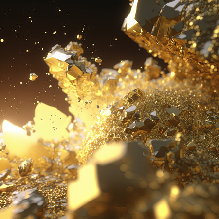 Abstract gold blurred background for wallpaper design. Gold nuggets and gold dust. 3D illustration.の素材