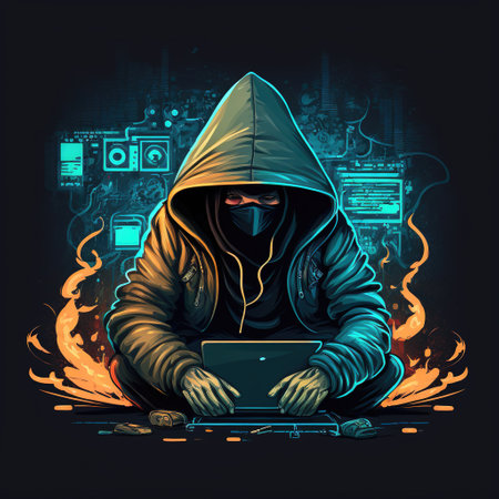 Hooded hacker with laptop at work. Symbol of the darknet and illegal activities on the Internet. Generative AIの素材