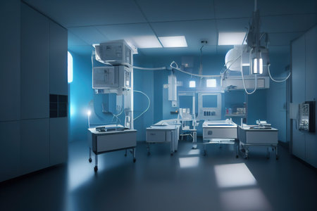Abstract scientific medical interior blurred background. blue light. medical research concept. AI render.の素材
