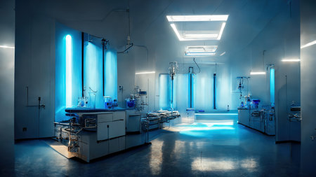 Abstract scientific medical interior blurred background. blue light. medical research concept. AI render.の素材