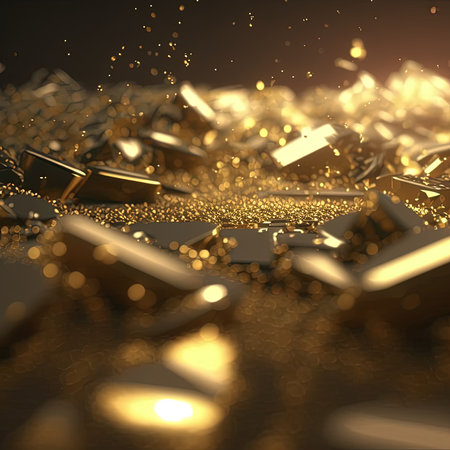Abstract gold blurred background for wallpaper design. Gold nuggets and gold dust. 3D illustration.の素材