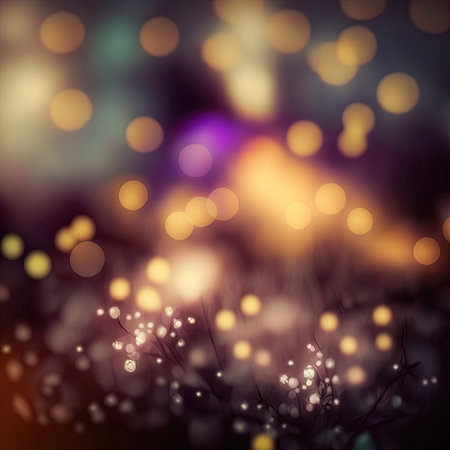 Abstract fairy tale blurred background with flower plant elements and bokeh lights. AI generated.の素材