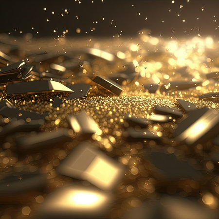 Abstract gold blurred background for wallpaper design. Gold nuggets and gold dust. 3D illustration.の素材