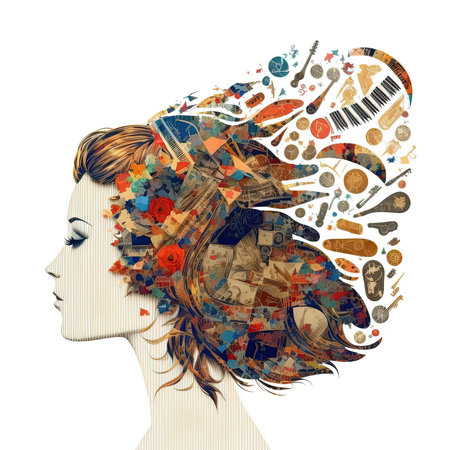 Girl face with music tool collage hair. Passion for music concept. 3D illustration on white backgroundの素材