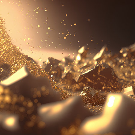 Abstract gold blurred background for wallpaper design. Gold nuggets and gold dust. 3D illustration.の素材