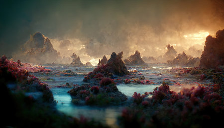 Fantastic alien planet landscape mountains, plants, sky. 3D illustration Futuristic sci-fi. 3d illustration. AI render.の素材