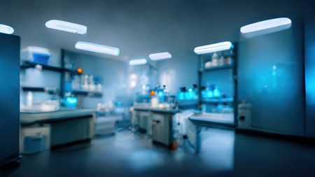 Abstract scientific medical interior blurred background. blue light. medical research concept. AI render.の素材