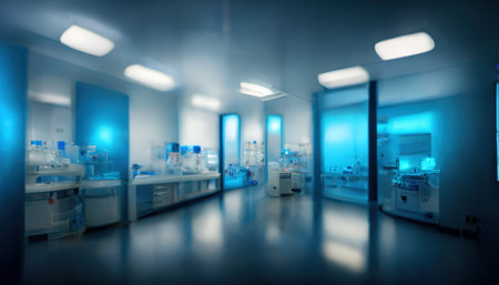 Abstract scientific medical interior blurred background. blue light. medical research concept. AI render.の素材