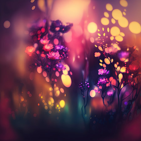 Abstract fairy tale blurred background with flower plant elements and bokeh lights. AI generated.の素材