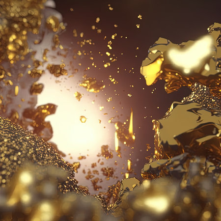 Abstract gold blurred background for wallpaper design. Gold nuggets and gold dust. 3D illustration.の素材