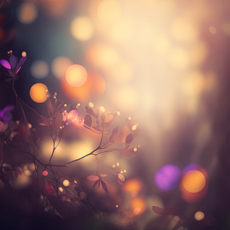Abstract fairy tale blurred background with flower plant elements and bokeh lights. AI generated.の素材