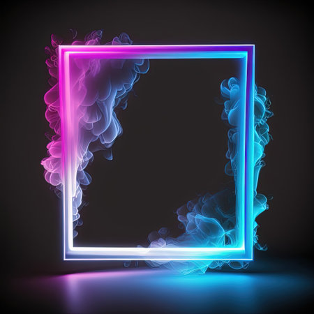 Abstract 3D frame with puffs of white and pink smoke and neon light on a black background. AI generated.の素材
