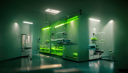 Abstract scientific medical interior blurred background. green light. medical research concept. AI render.の素材