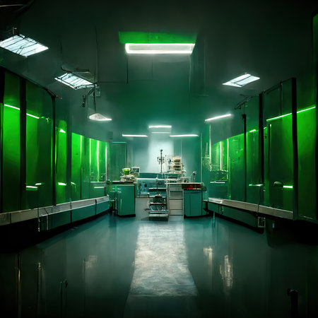 Abstract scientific medical interior blurred background. green light. medical research concept. AI render.の素材