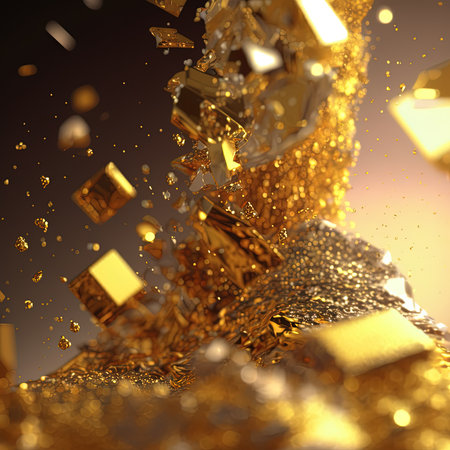 Abstract gold blurred background for wallpaper design. Gold nuggets and gold dust. 3D illustration.の素材