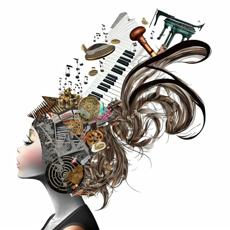 Girl face with music tool collage hair. Passion for music concept. 3D illustration on white backgroundの素材