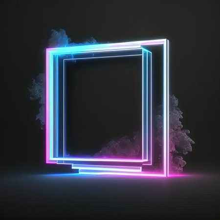 Abstract 3D frame with puffs of white and pink smoke and neon light on a black background. AI generated.の素材