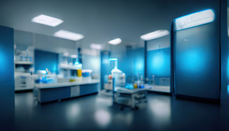 Abstract scientific medical interior blurred background. blue light. medical research concept. AI render.の素材