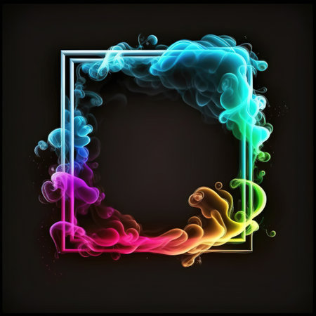 Abstract 3D frame with puffs of colorful smoke and neon light on a black background. AI generated.の素材