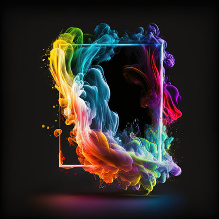 Abstract 3D frame with puffs of colorful smoke and neon light on a black background. AI generated.の素材