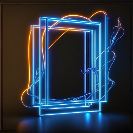 Abstract 3D frame blue glow on dark background. Ai landerの素材